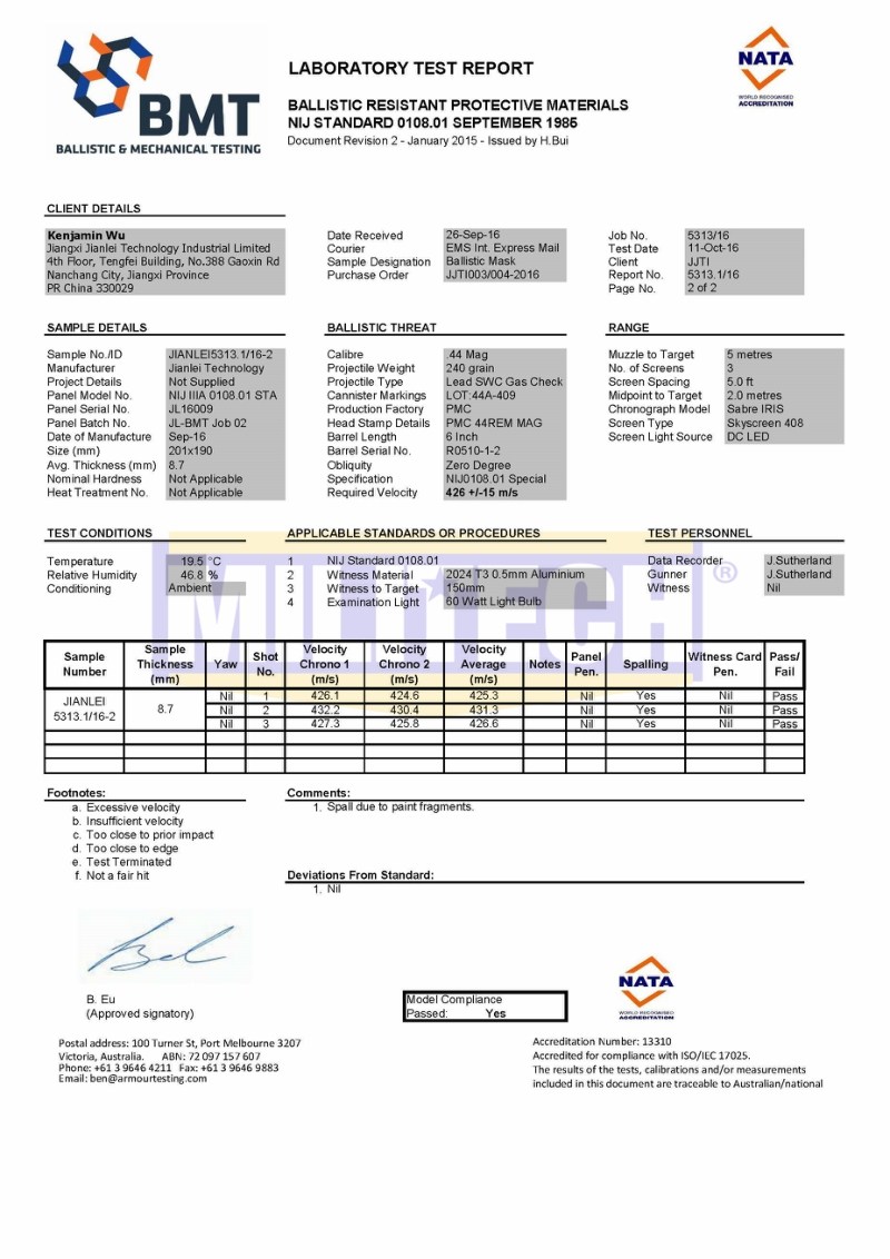 Ballistic Mask BMT NIJ IIIA 0108.01 Test Report 2